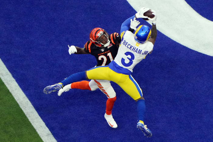 Feb 13, 2022; Inglewood, California, USA; Los Angeles Rams wide receiver Odell Beckham Jr. (3) makes a catch for a touchdown against Cincinnati Bengals wide receiver Ja'Marr Chase (1) in the first quarter in Super Bowl LVI at SoFi Stadium. Mandatory Credit: Kirby Lee-USA TODAY Sports
